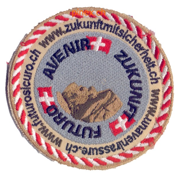 Bild von Zukunft Futuro Avenir Abzeichen vom Ausstellungsteam OLMA der Schweizer Armee, mit Klett